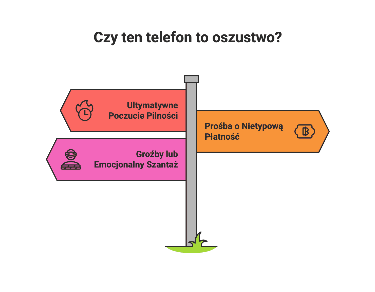 Czy ten telefon to oszustwo? - Wizualny przewodnik pokazujący trzy główne znaki ostrzegawcze: Ultymatywne Poczucie Pilności, Groźby lub Emocjonalny Szantaż, oraz Prośba o Nietypową Płatność