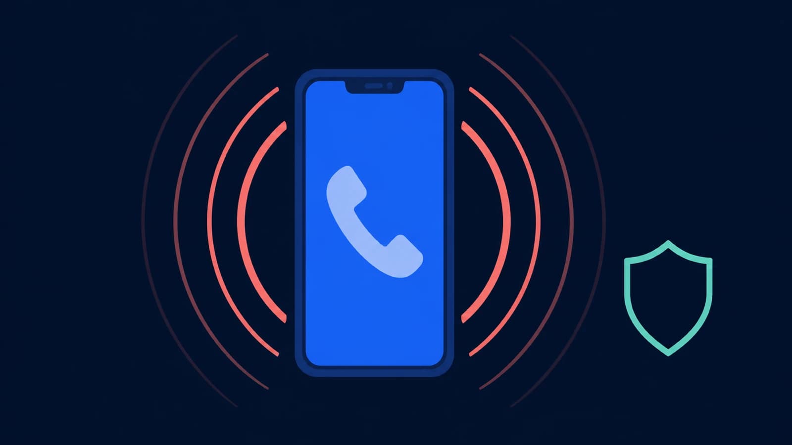Ilustracja: smartfon z połączeniem przychodzącym, otoczony ostrzegawczymi falami sygnału, obok tarcza ochronna