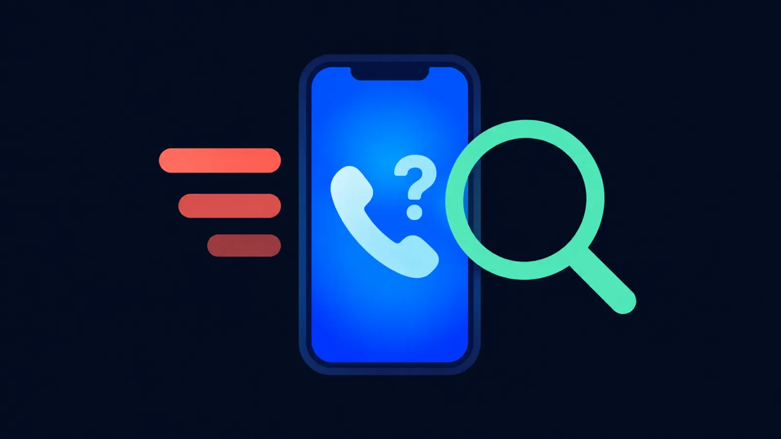 Ilustracja: smartfon z ikoną słuchawki i znakiem zapytania, obok zielona lupa i czerwone paski połączenia przychodzącego