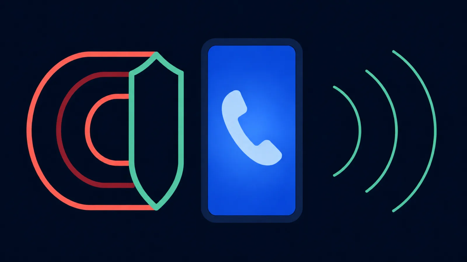 Ilustracja: smartfon, w który uderzają czerwone fale połączeń zatrzymane przez zieloną tarczę